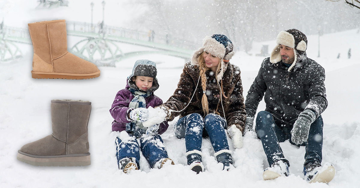 a family in winter wearing matching UGG boots and UGG sheepskin hat