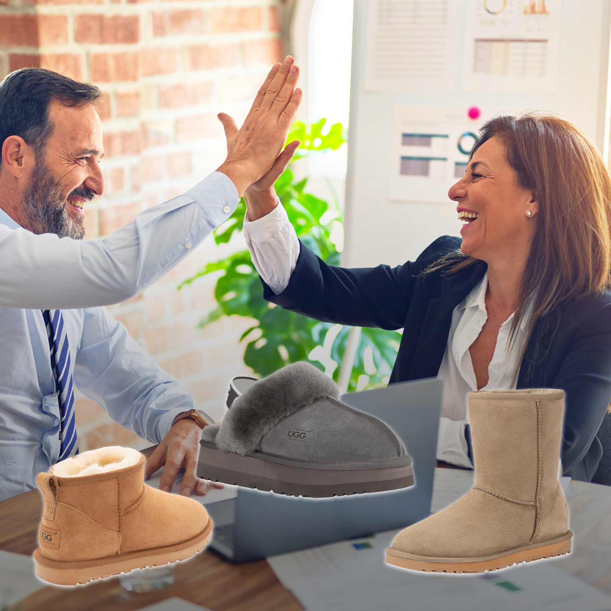 a man congratulating a woman on her first job and gifting her UGG boots