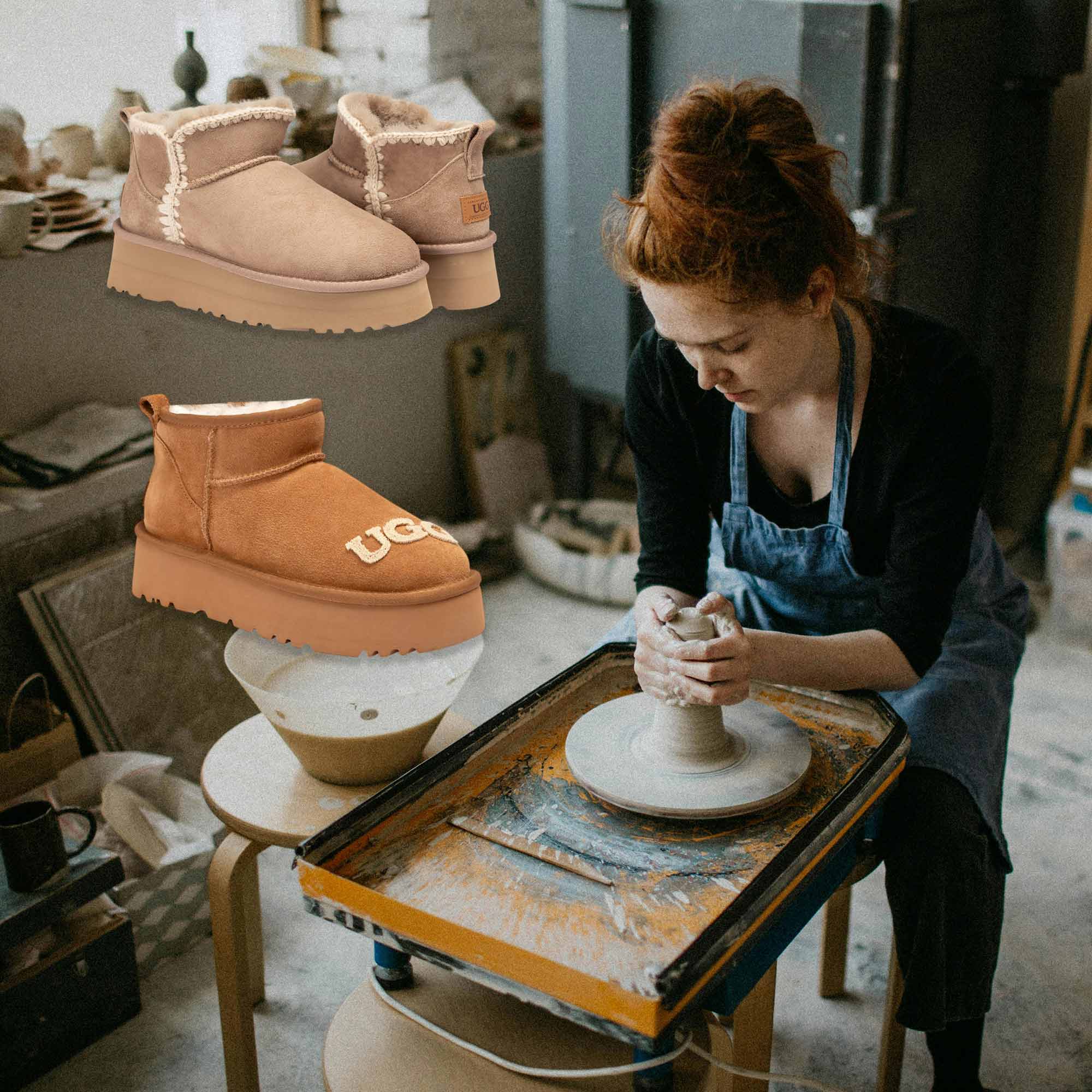 an artist crafting a vase while wearing UGG boots