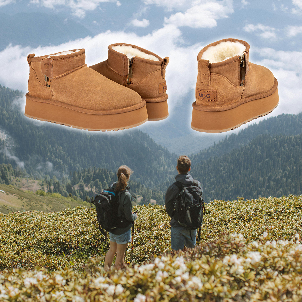 australian couple travelling in the mountains and bringing UGG boots