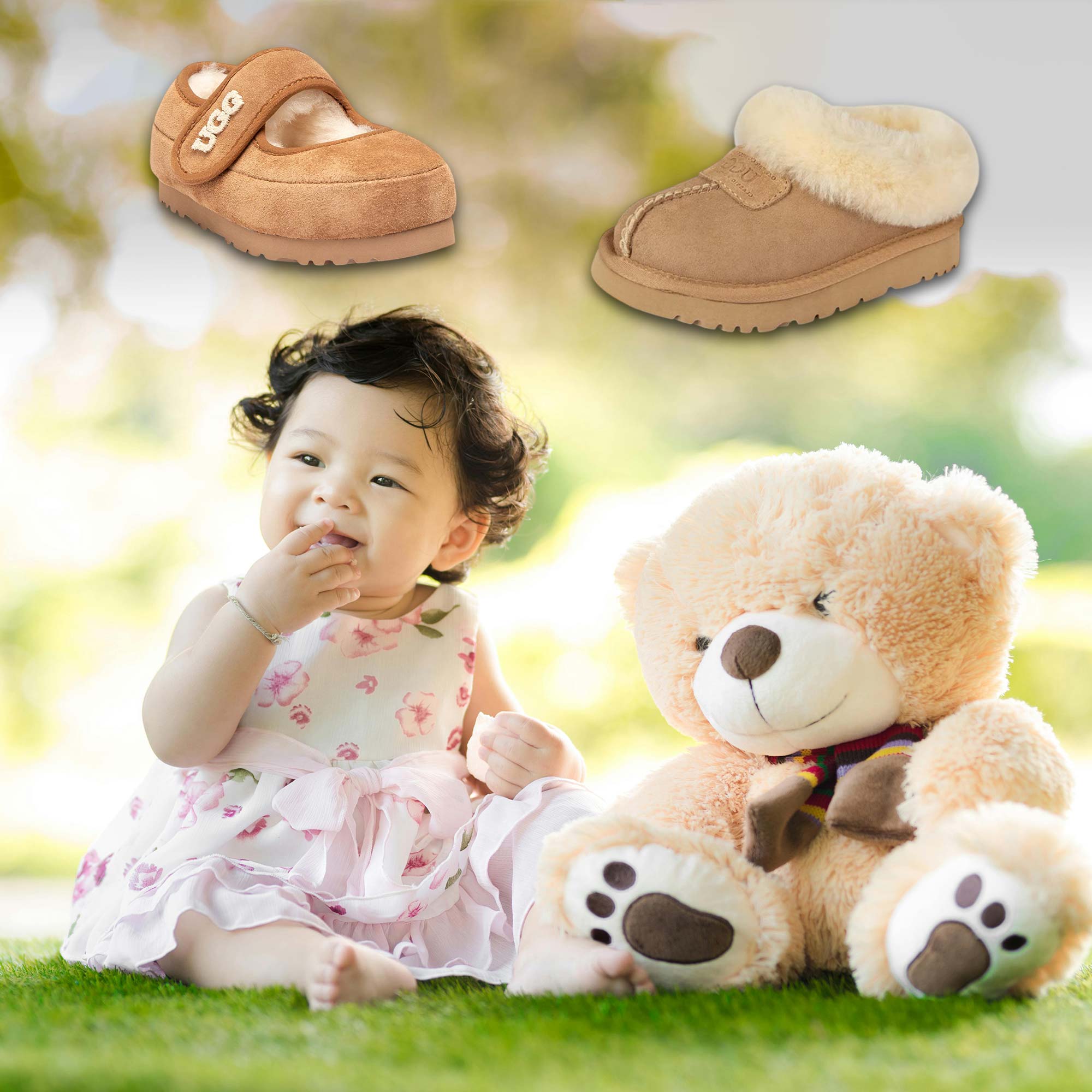 baby girl dressed up while playing outside with UGG slippers for baby ready