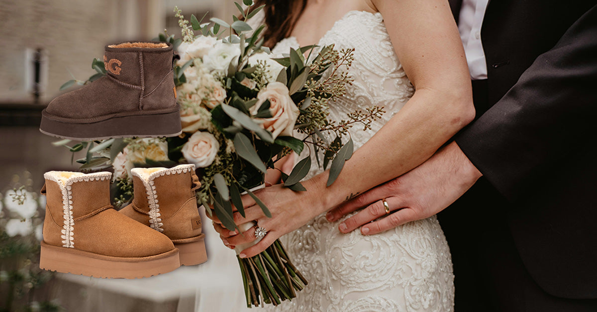 Bride and groom holding a wedding bouquet with stylish UGG boots displayed as a unique gift idea.