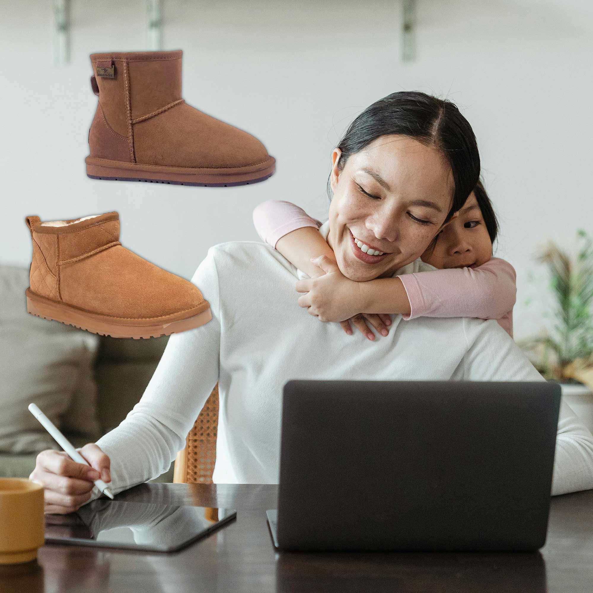 busy mum wearing UGG Mini boots and cuddling with her child