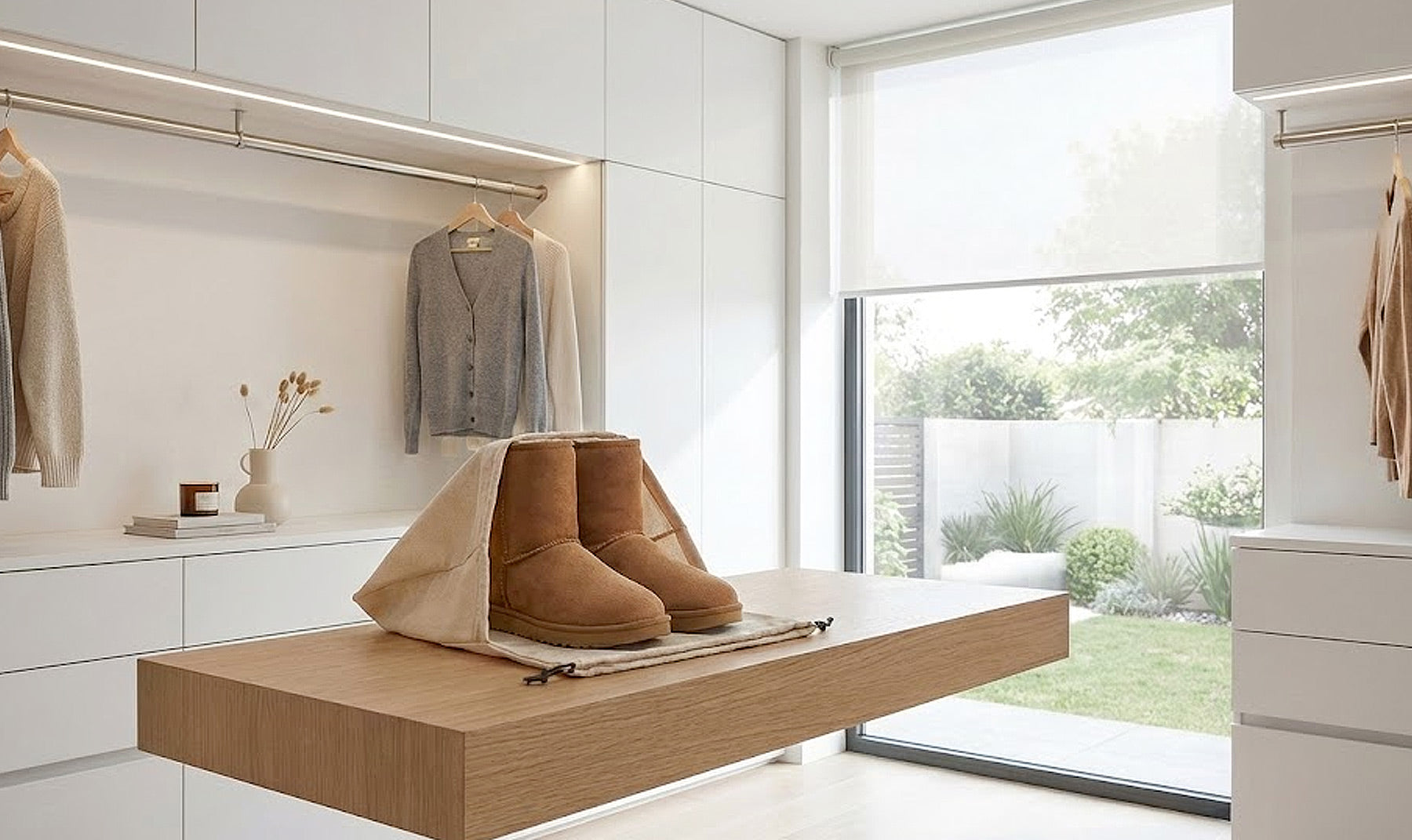 Chestnut sheepskin UGG boots displayed on a wooden table in a modern wardrobe with natural light and garden view