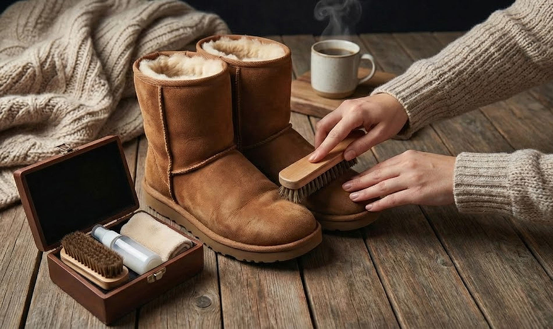Person brushing genuine sheepskin UGG boots with a suede brush on a wooden table during routine care and maintenance at home