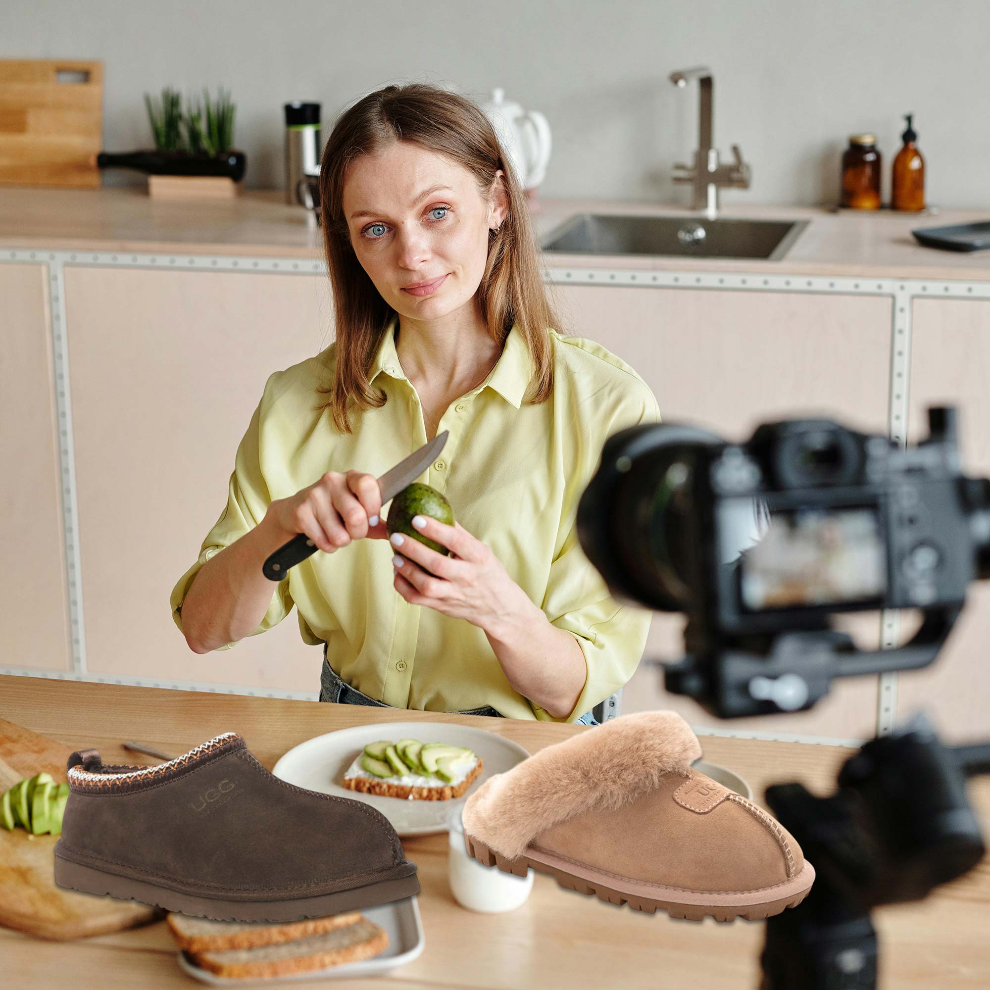 content creator filming at home and wearing UGG slippers