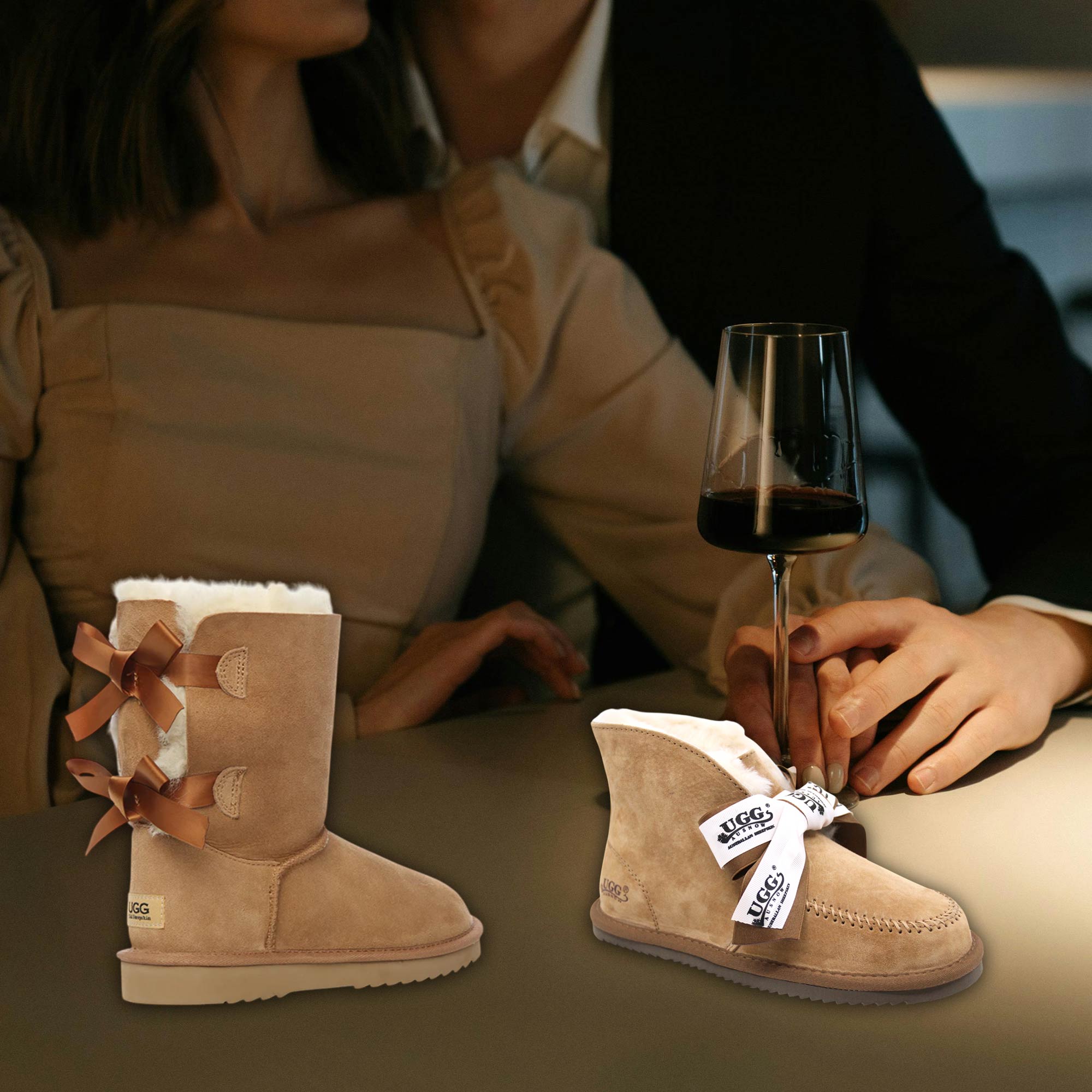 Couple on a holiday dinner date while wearing UGGs