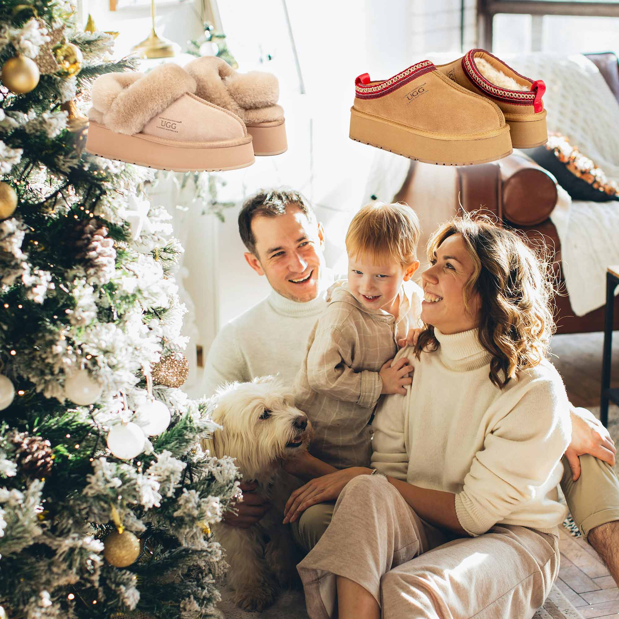 family under christmas tree while planning to get boots as gifts