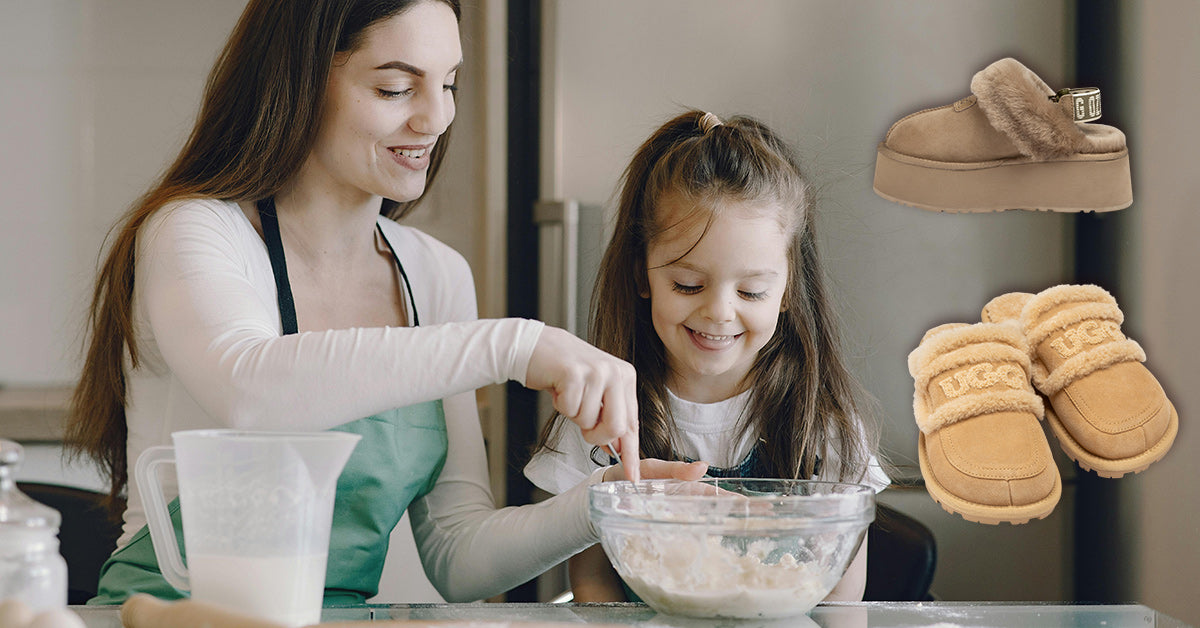 full time mom teaching her daughter how to-back-while wearing UGG fluffs for comfy feeling