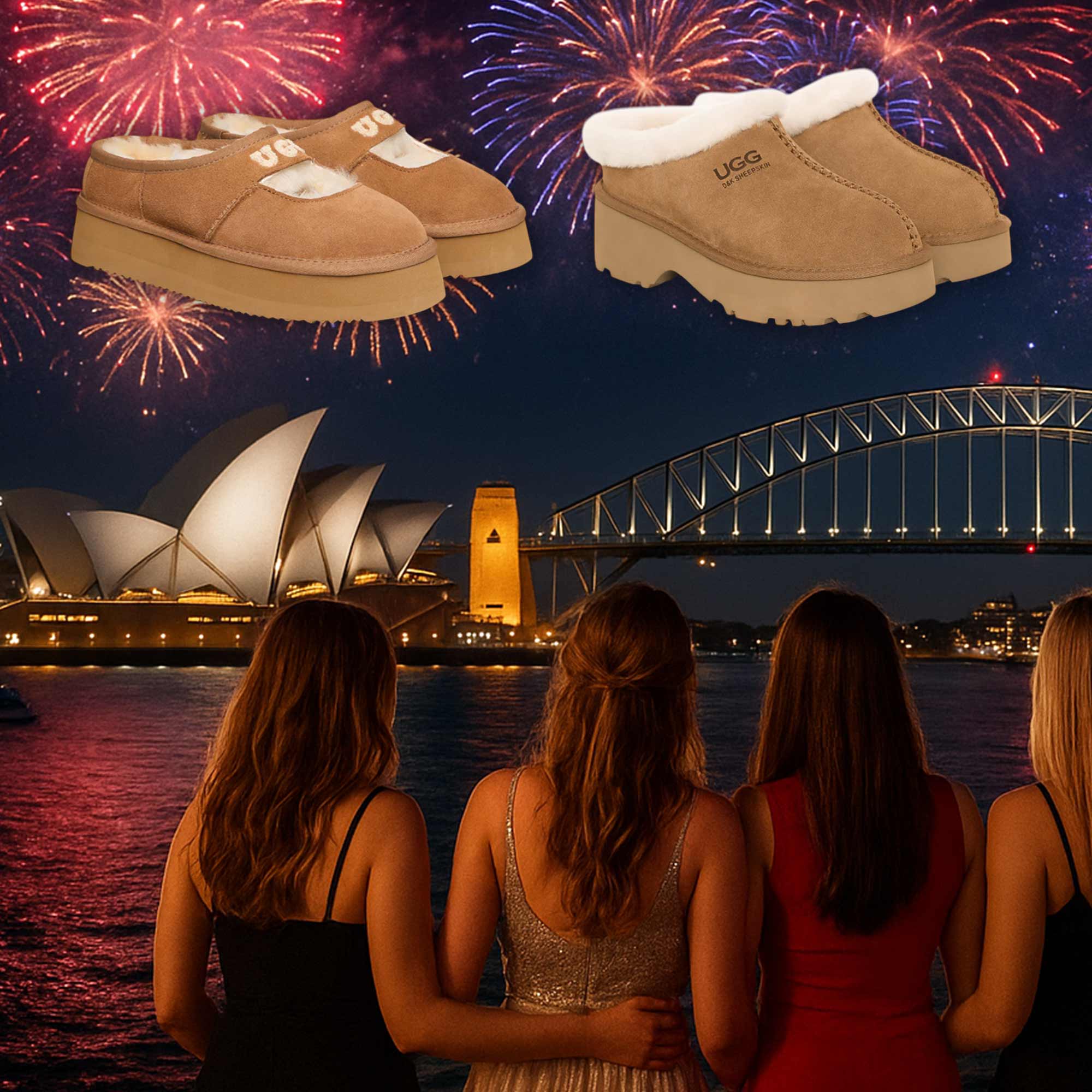 group of women enjoying new year at Sydney harbour while wearing comfy UGGs