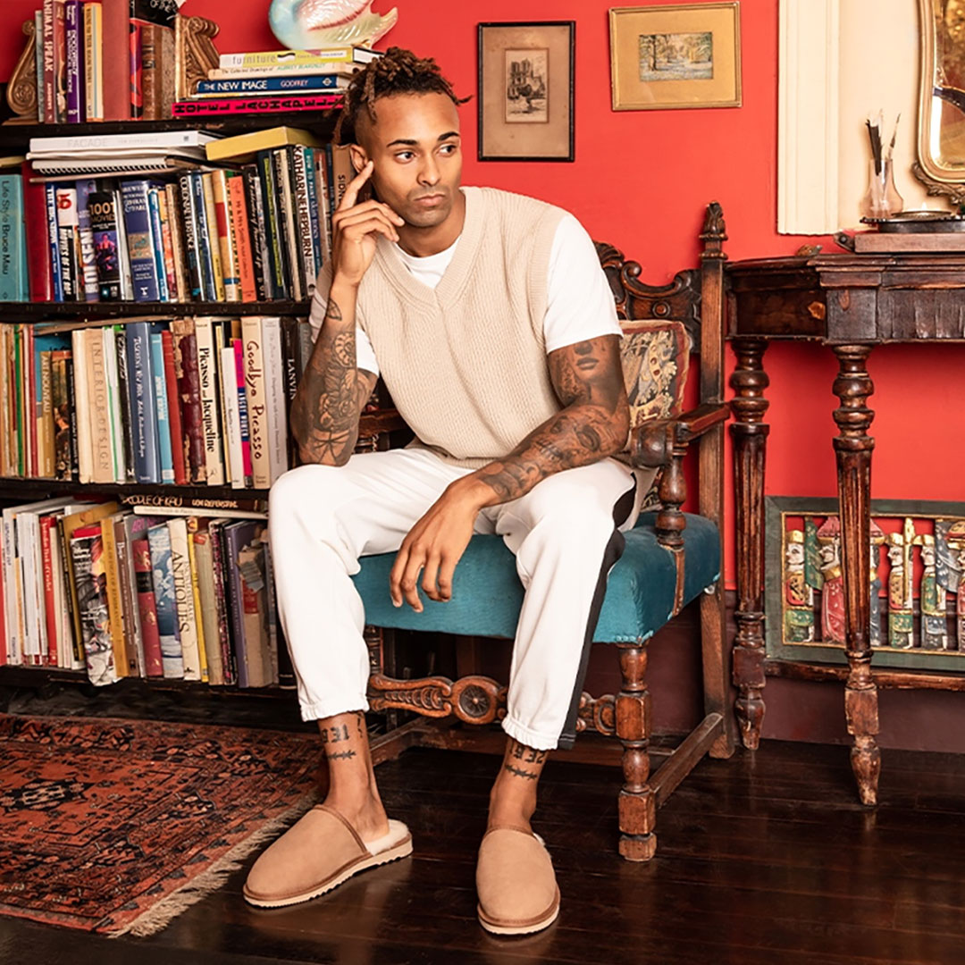 Male model thinking about which UGG Boots to wear