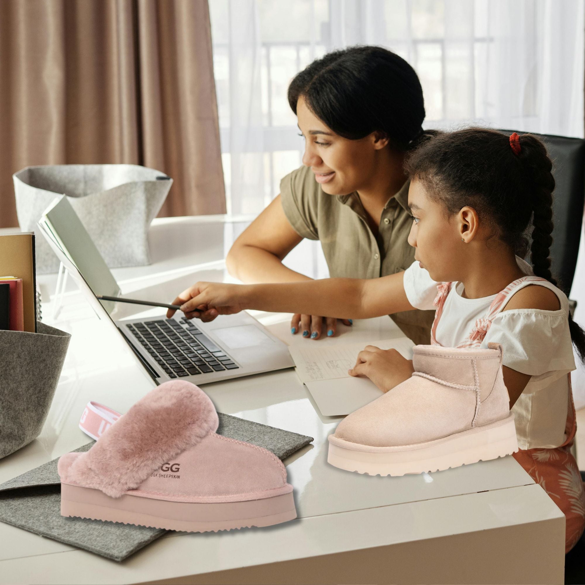 mum with her daughter on home school while wearing UGGs