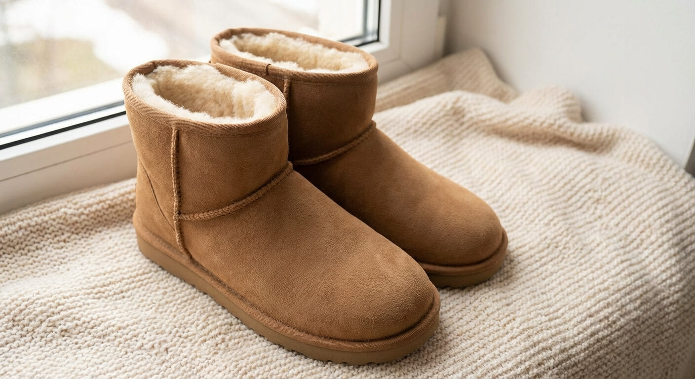 Close-up of brand new sheepskin UGG boots on a knitted blanket.