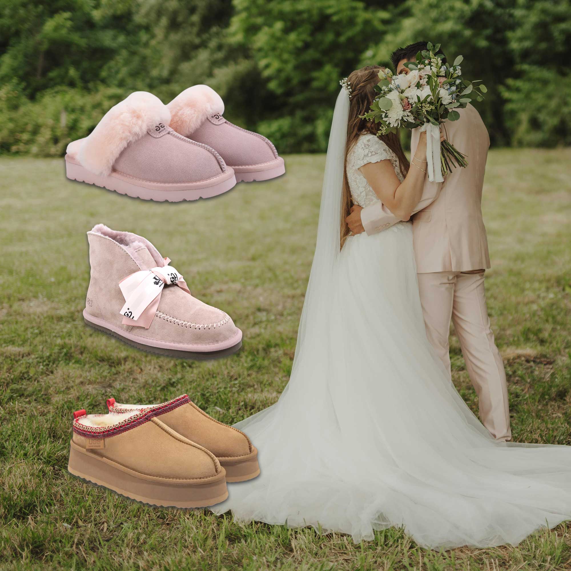 newly wed at a back yard wearing UGGs