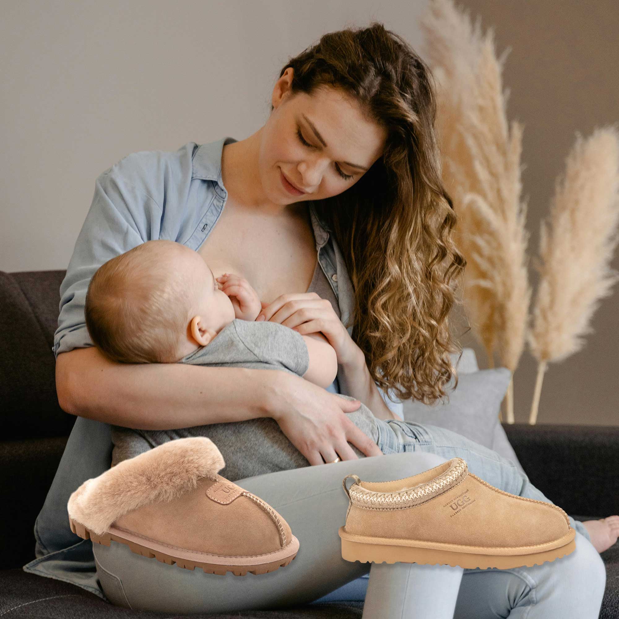 nursing mom feeding her baby while wearing UGGs