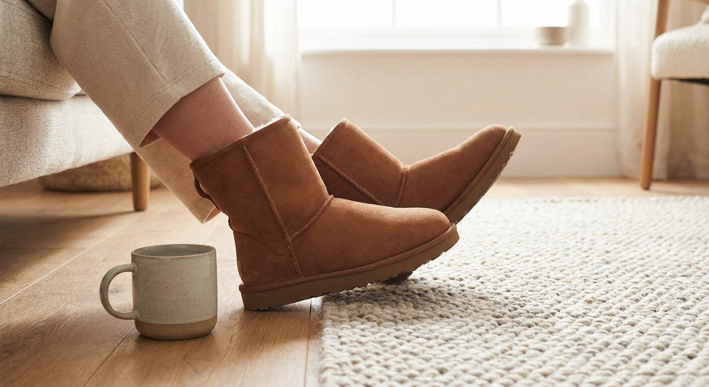 Close-up of a person's feet in chestnut UGG boots resting on a wool rug in a sunlit room.