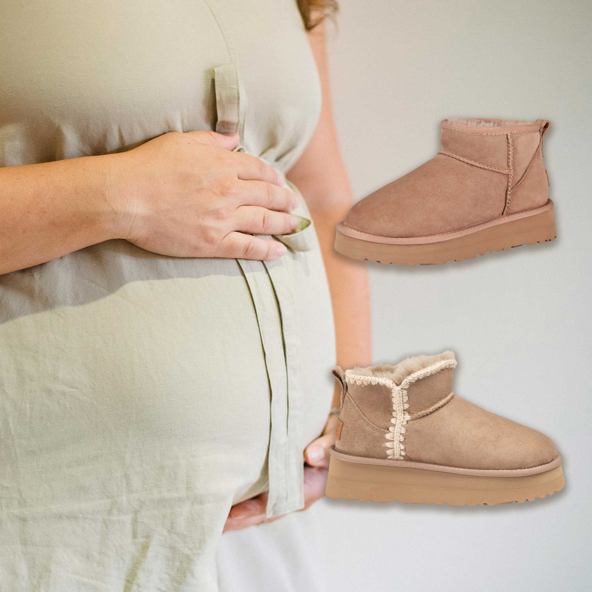 pregnant woman wearing maternity dress with UGG boots