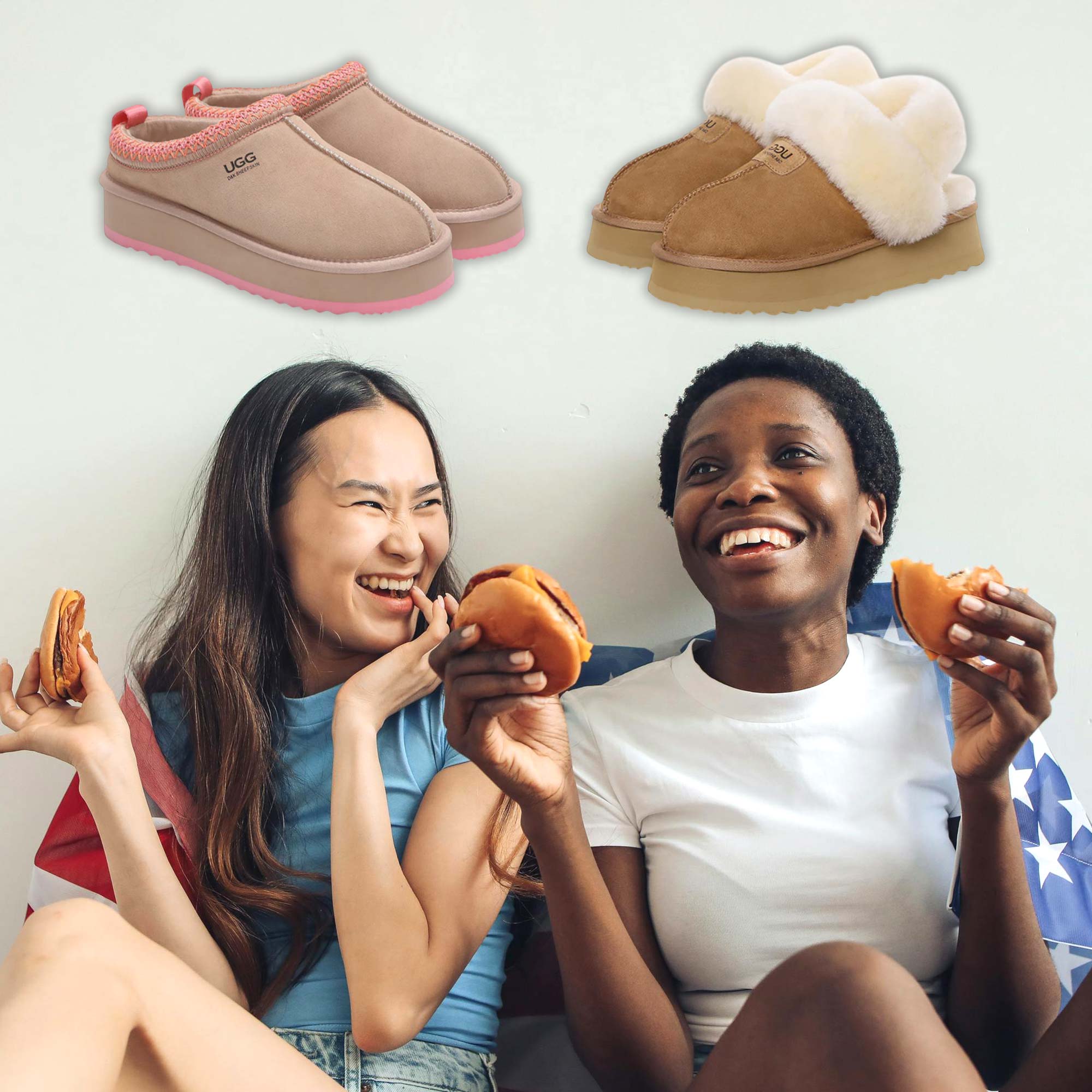 roommates eating and wearing UGG slippers