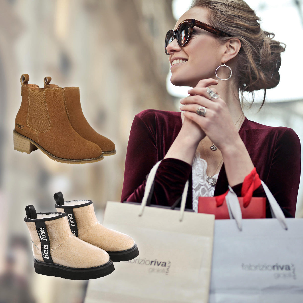 a woman shopping ang getting her pairs of UGG boots