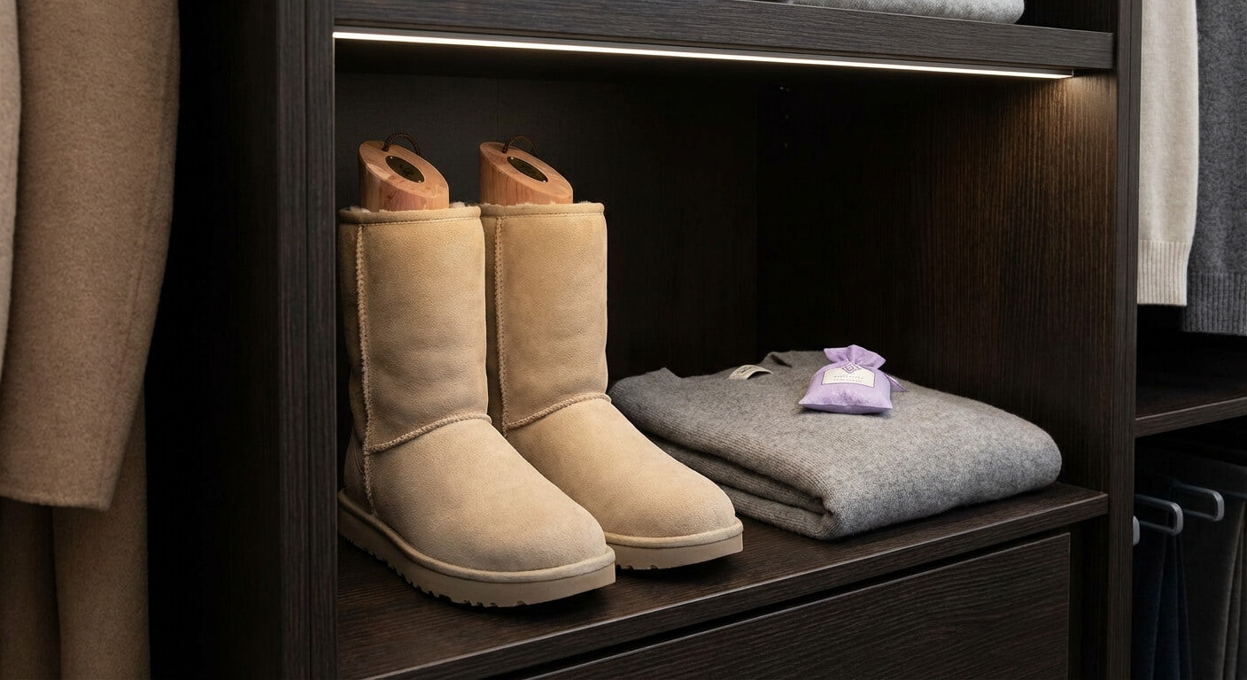 UGG boots standing upright in a cool, dry wardrobe with internal support to keep their shape.