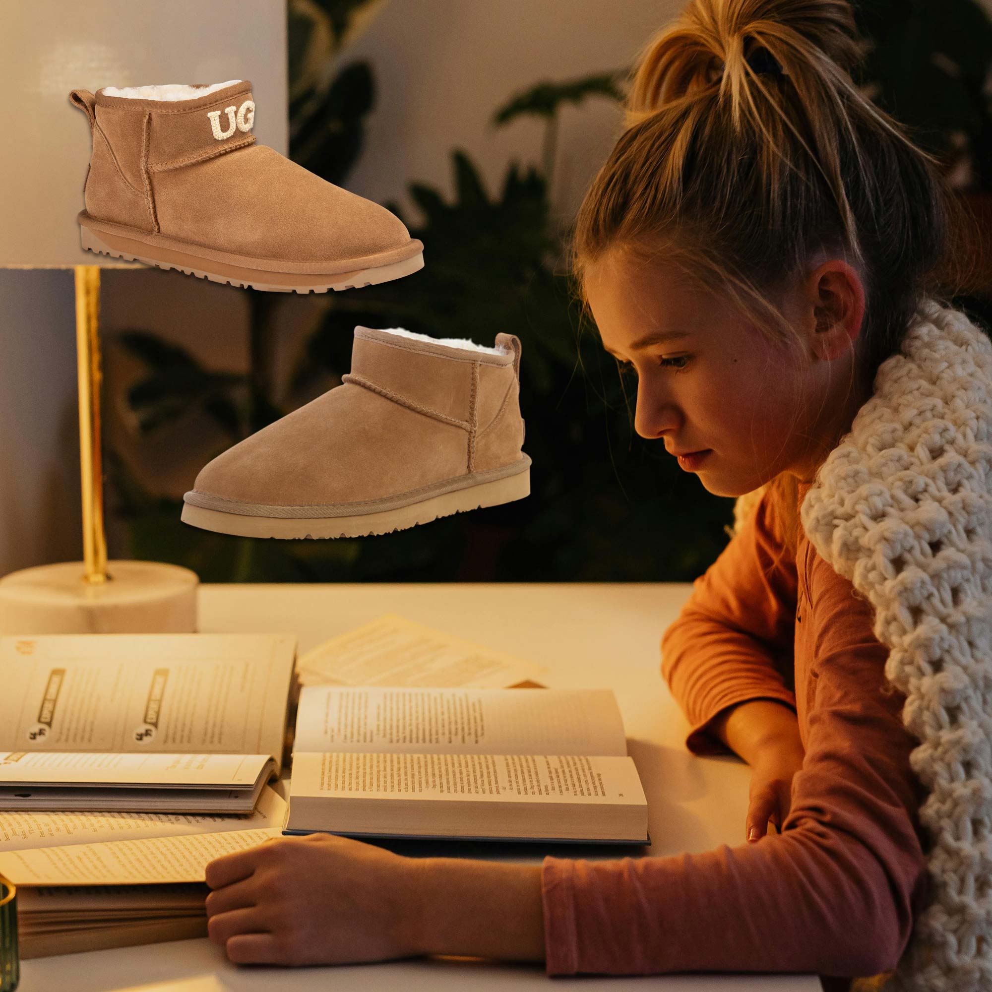 student in an all night study time with her classic mini UGGs