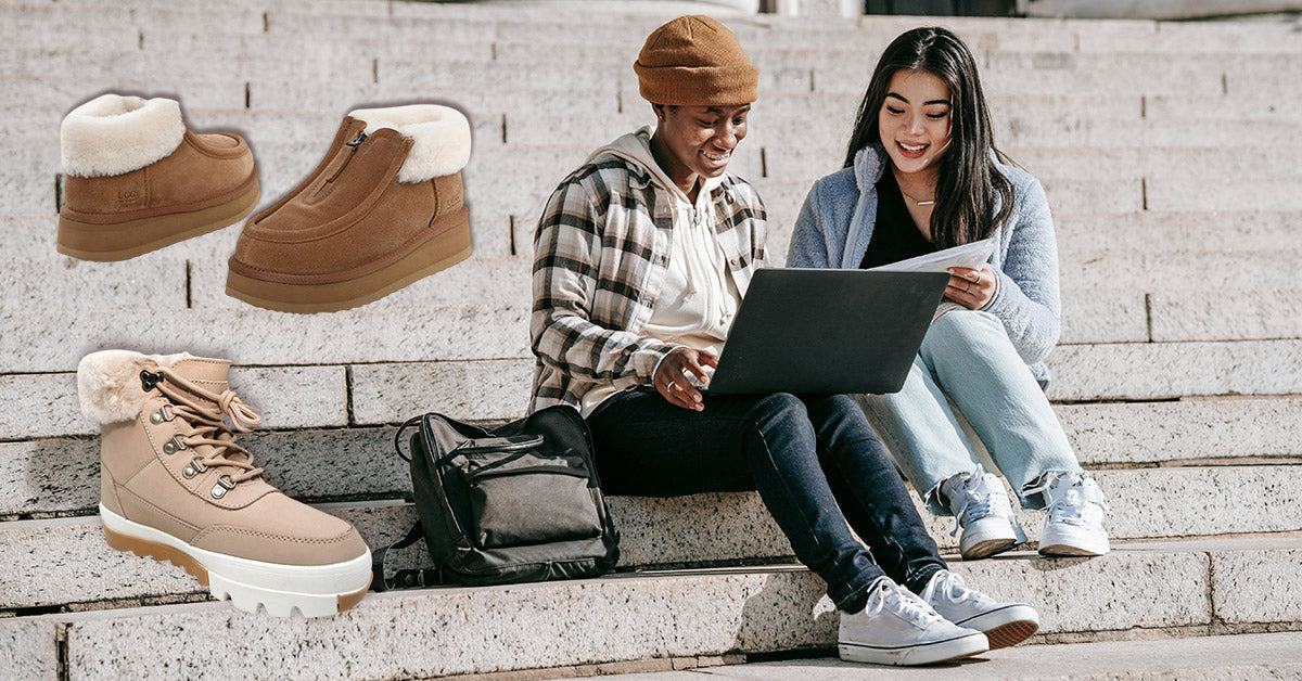 two college student discussing school stuff and UGG sneakers on their background