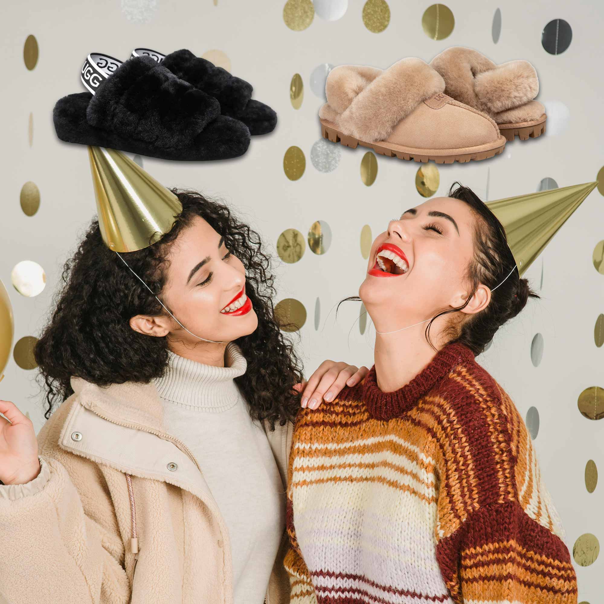 two girls celebrating bestfriends day with UGG slippers