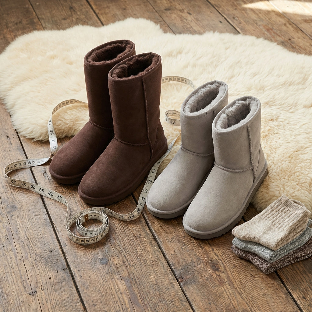 Two different styles and sizes of sheepskin boots placed on a wool rug next to a measuring tape, symbolizing the process of choosing the correct boot size.