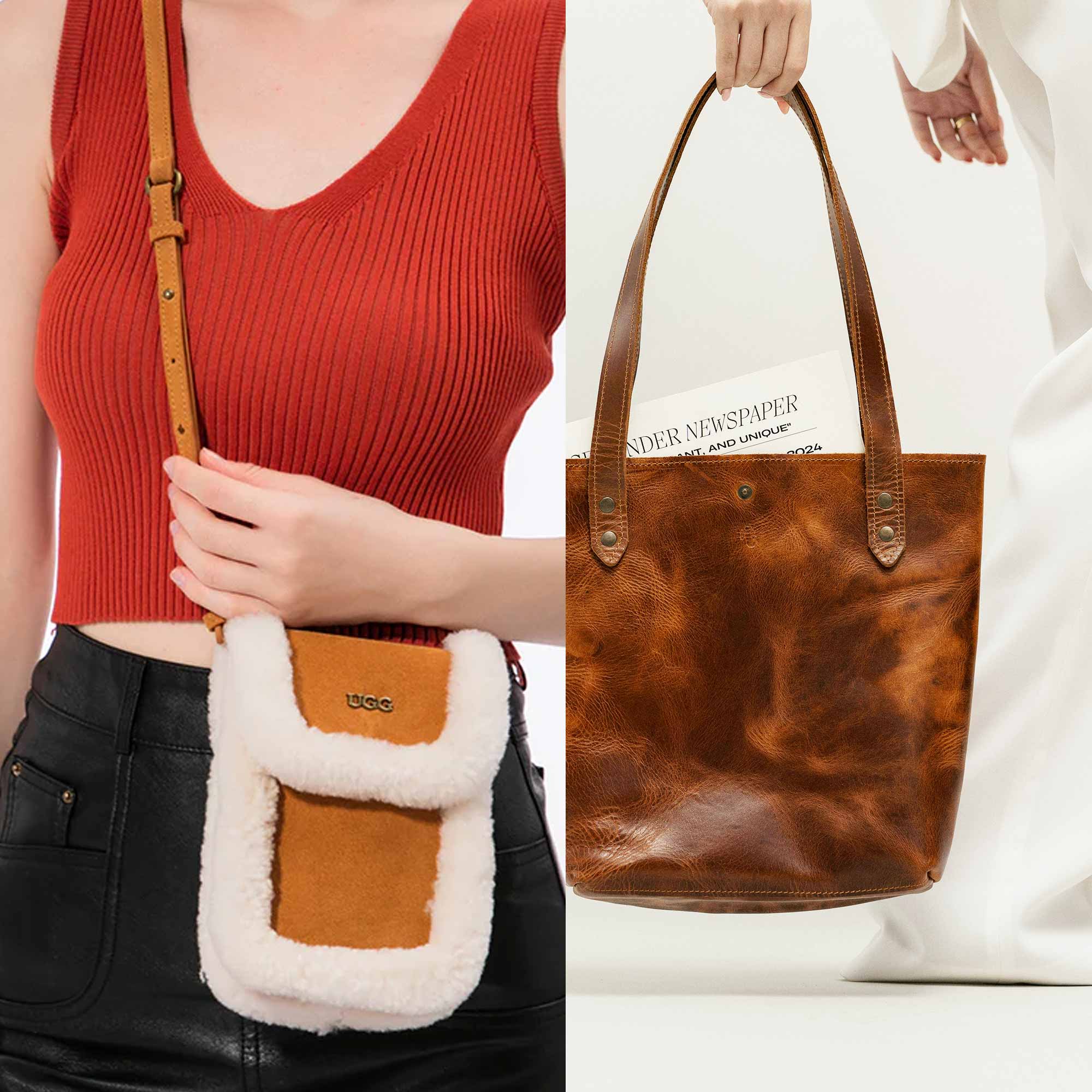 two women comparing UGG bag with tote leather bag