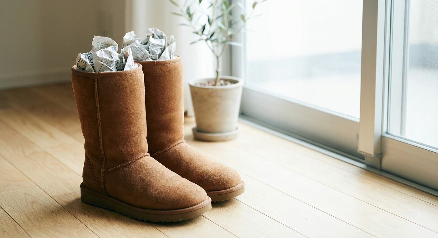 A pair of chestnut UGG boots stuffed with crumpled newspaper, standing on a wooden floor indoors near a window for natural air drying.