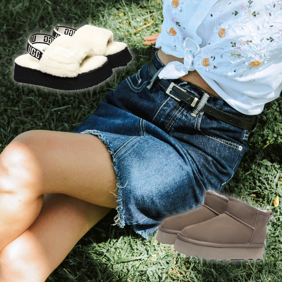 UGG boots are perfect for denim skirts