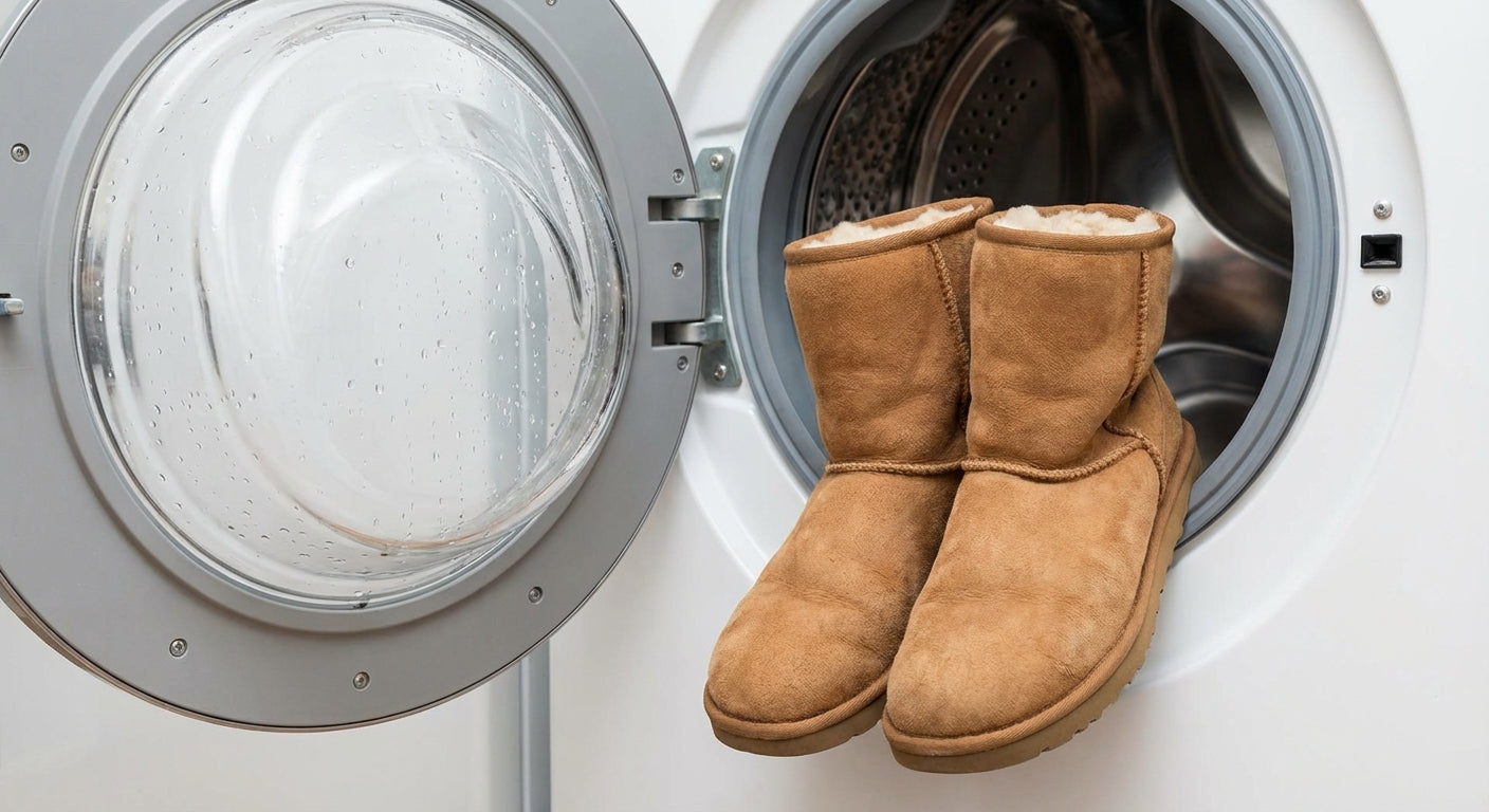Tan Australian UGG-style boots placed in front of an open washing machine drum, illustrating the risk of machine washing sheepskin footwear.