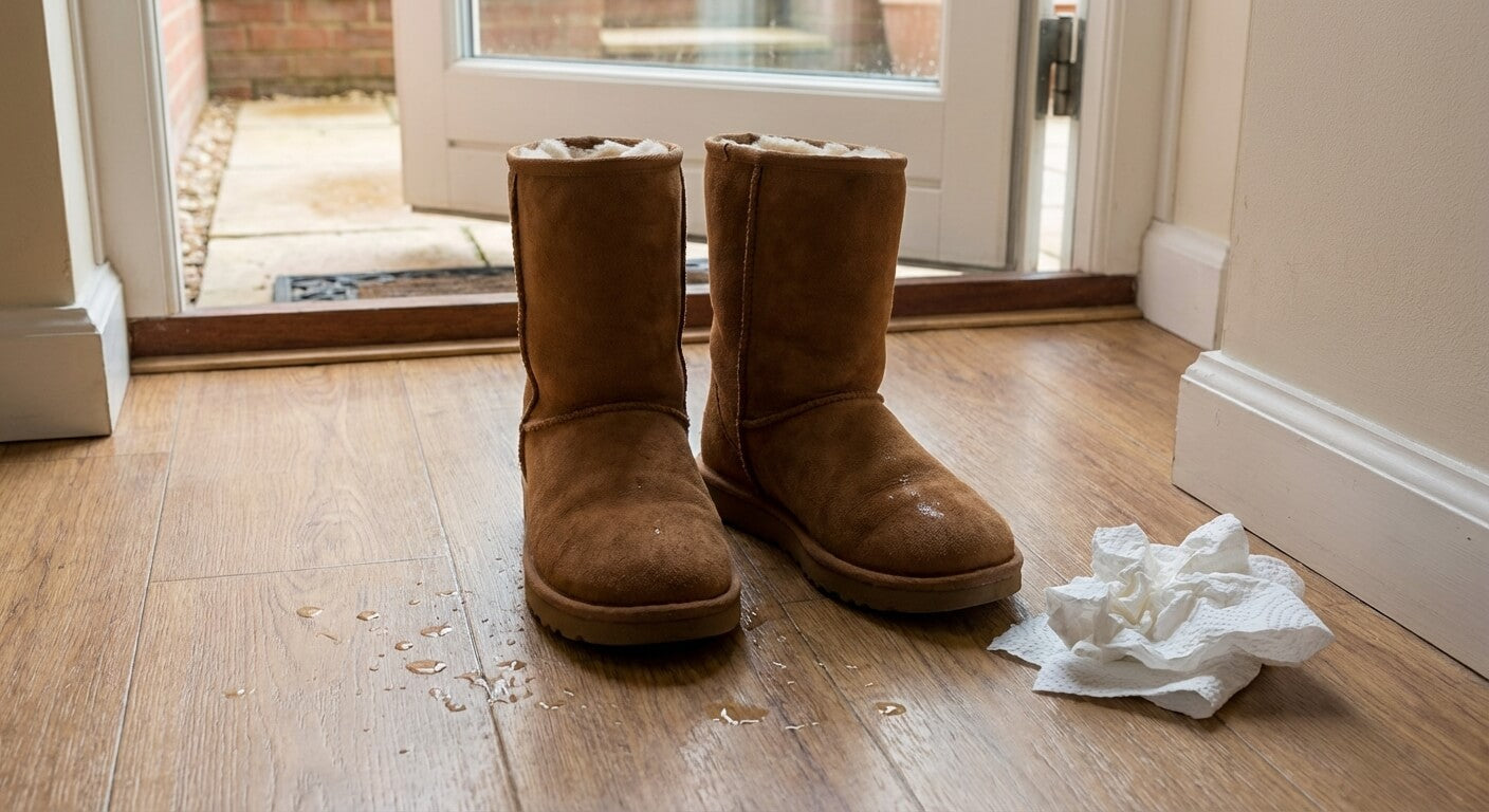 Wet suede Australian UGG boots drying naturally indoors on a wooden floor after being out in the rain.