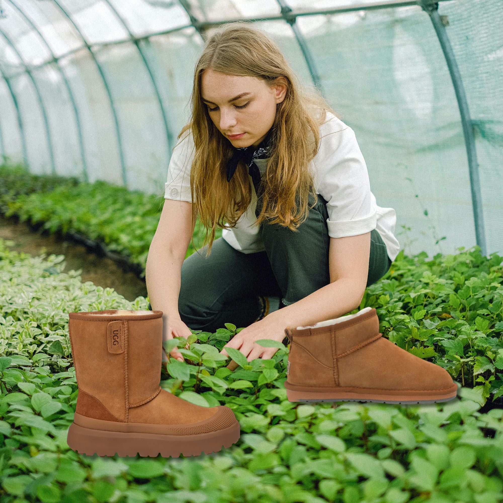 woman at a farm while wearing UGG boots