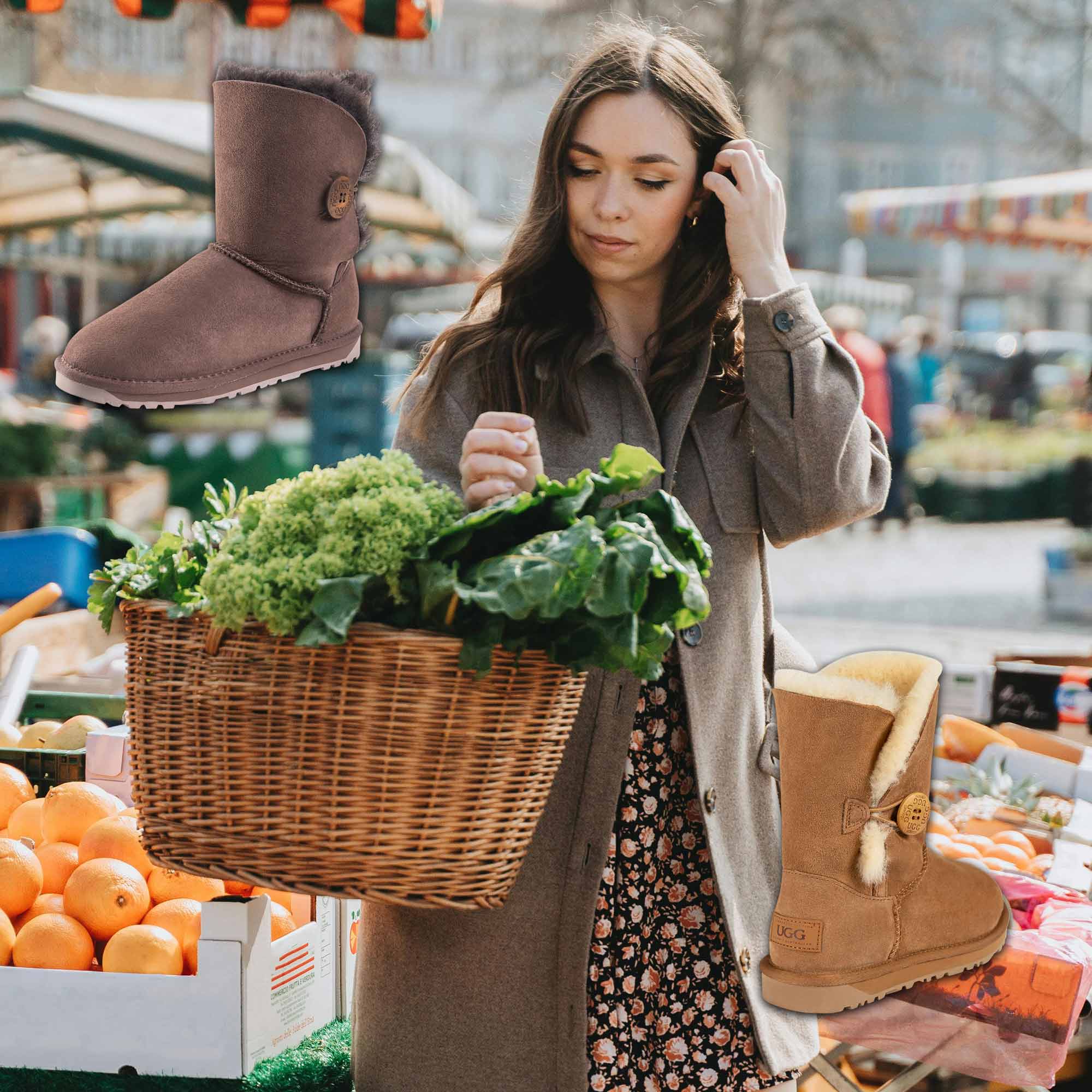 woman buying at the market on Sunday while wearing UGG short boots