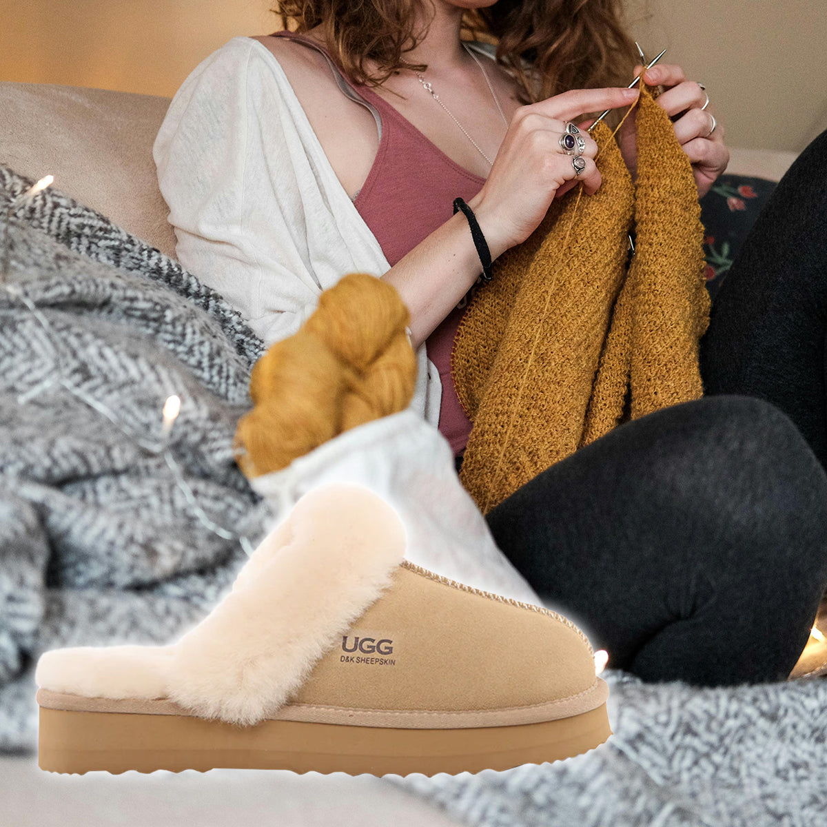 woman embracing cold era by knitting and wearing UGGs