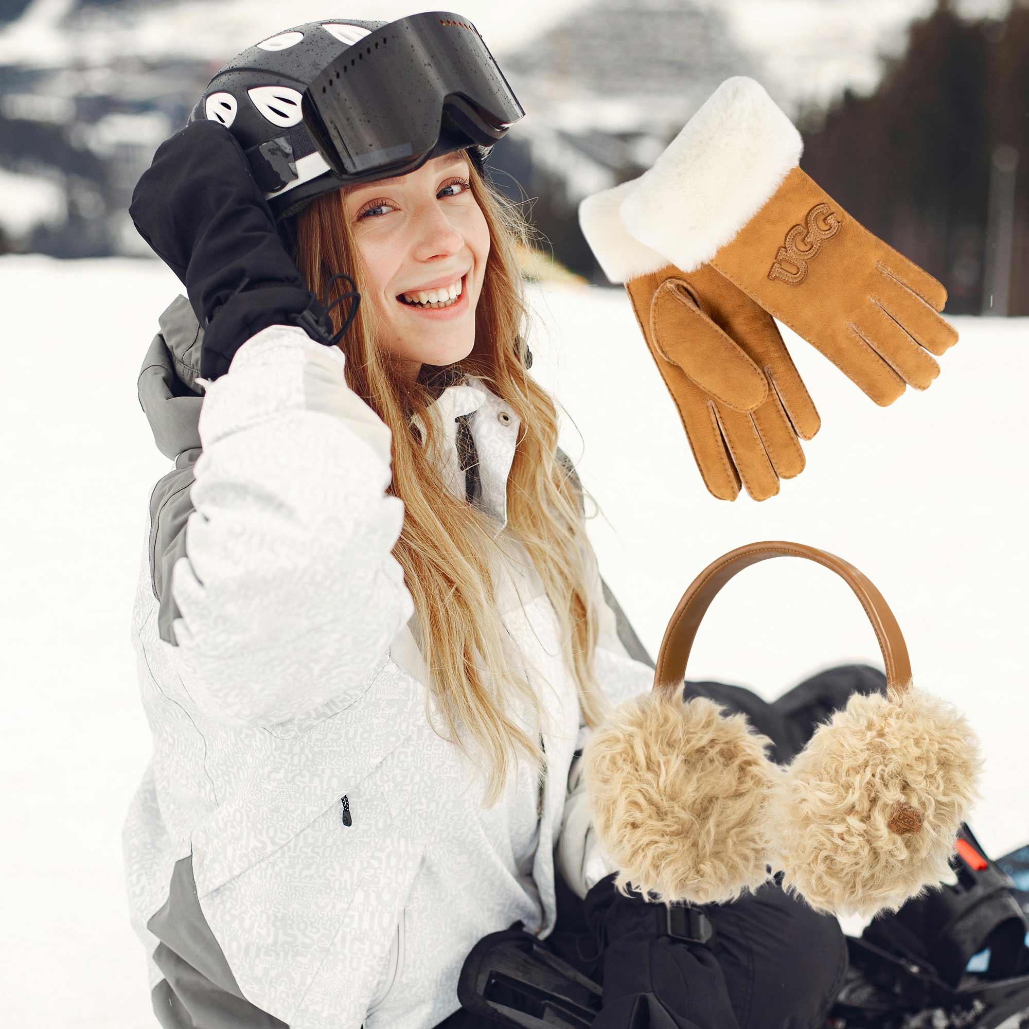 woman gearing up with UGG Accessories in the snow