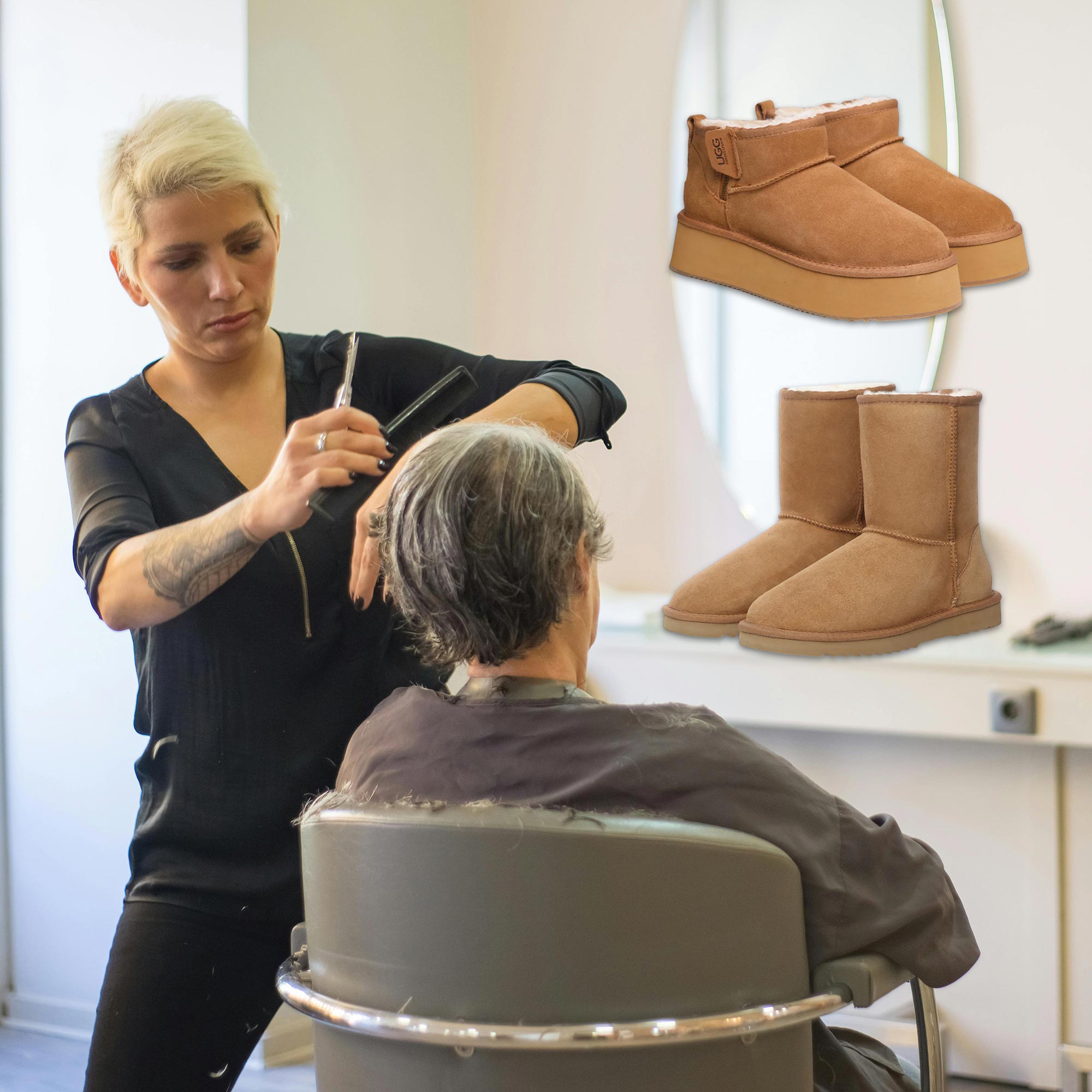 woman hair dresser at work with UGGs ready after work