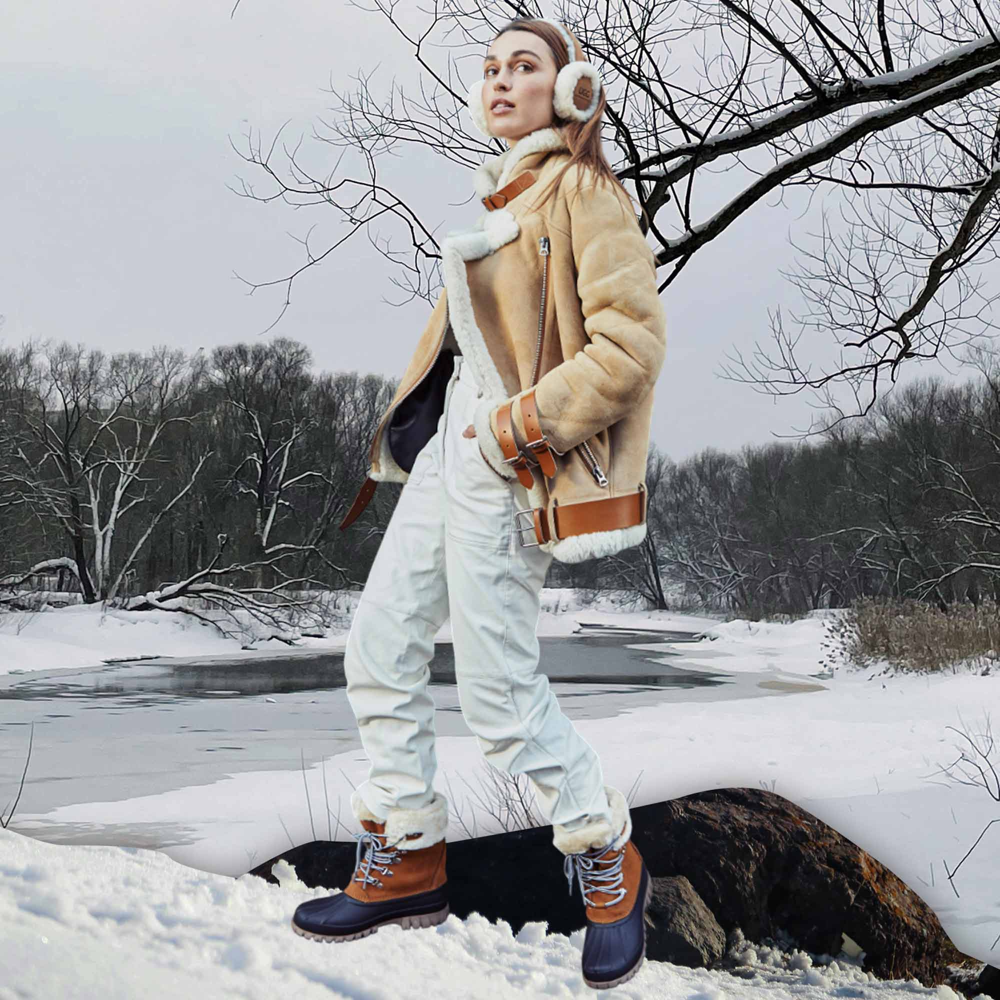 woman in wearing all sheepskin and UGG boots for extreme cold