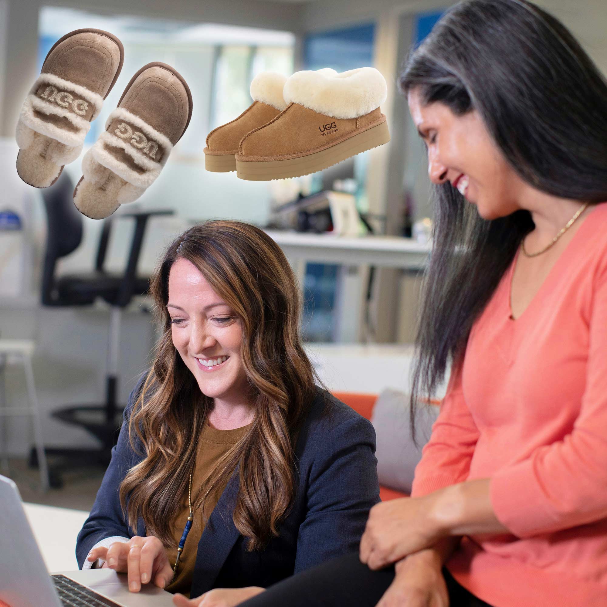 woman-letting-here-workmate-choose-a-style-of-ugg-boot-or-ugg-slippers-as-a-corporate-gift