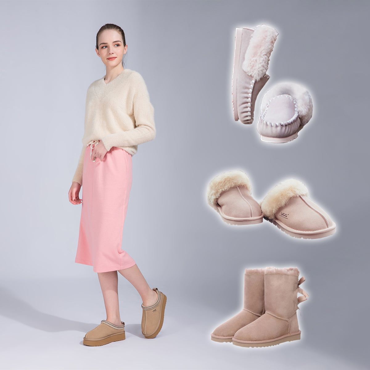woman on her casual wear and ugg platinum tass platform slippers with different ugg styles in her side