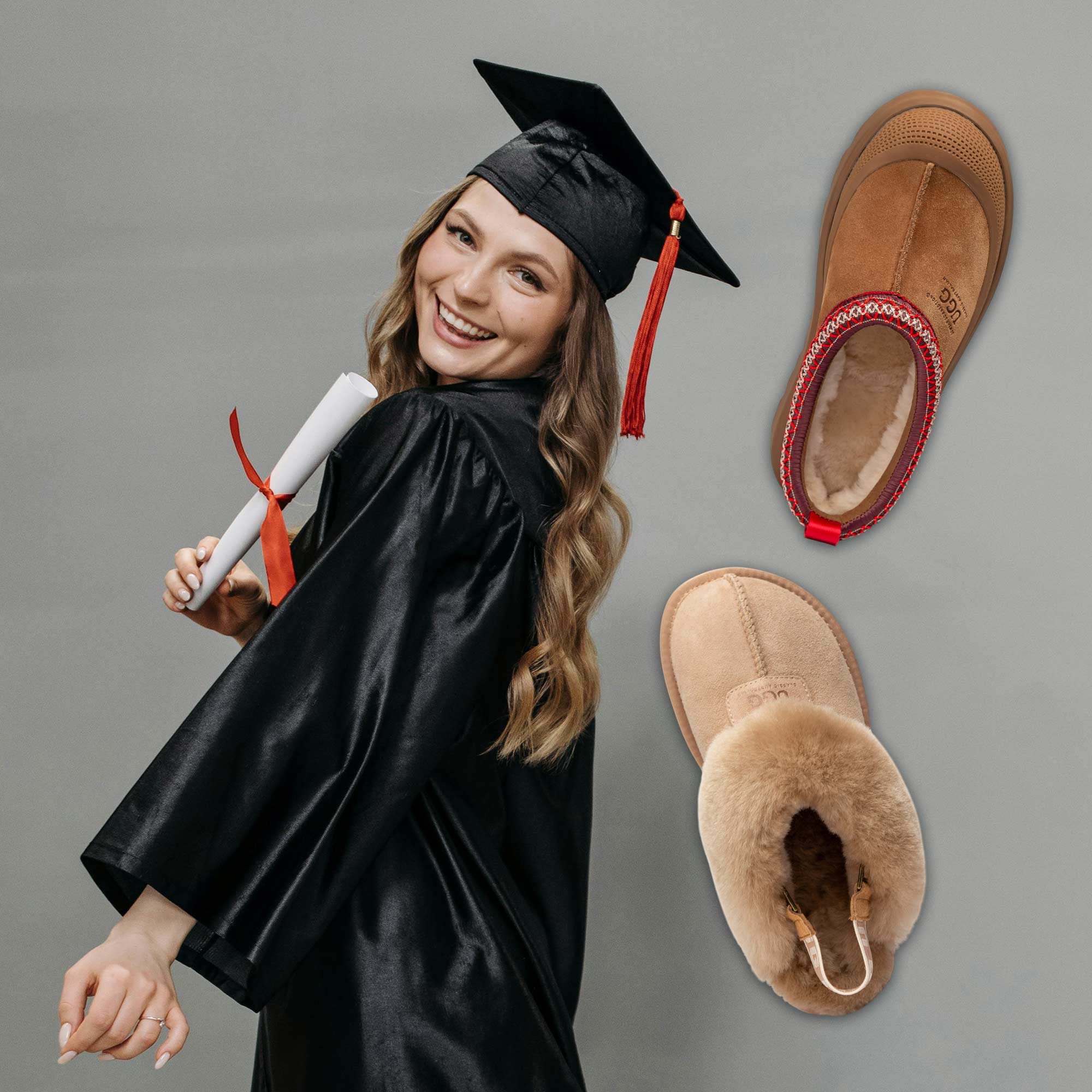 woman on her graduation with UGG slippers as gift