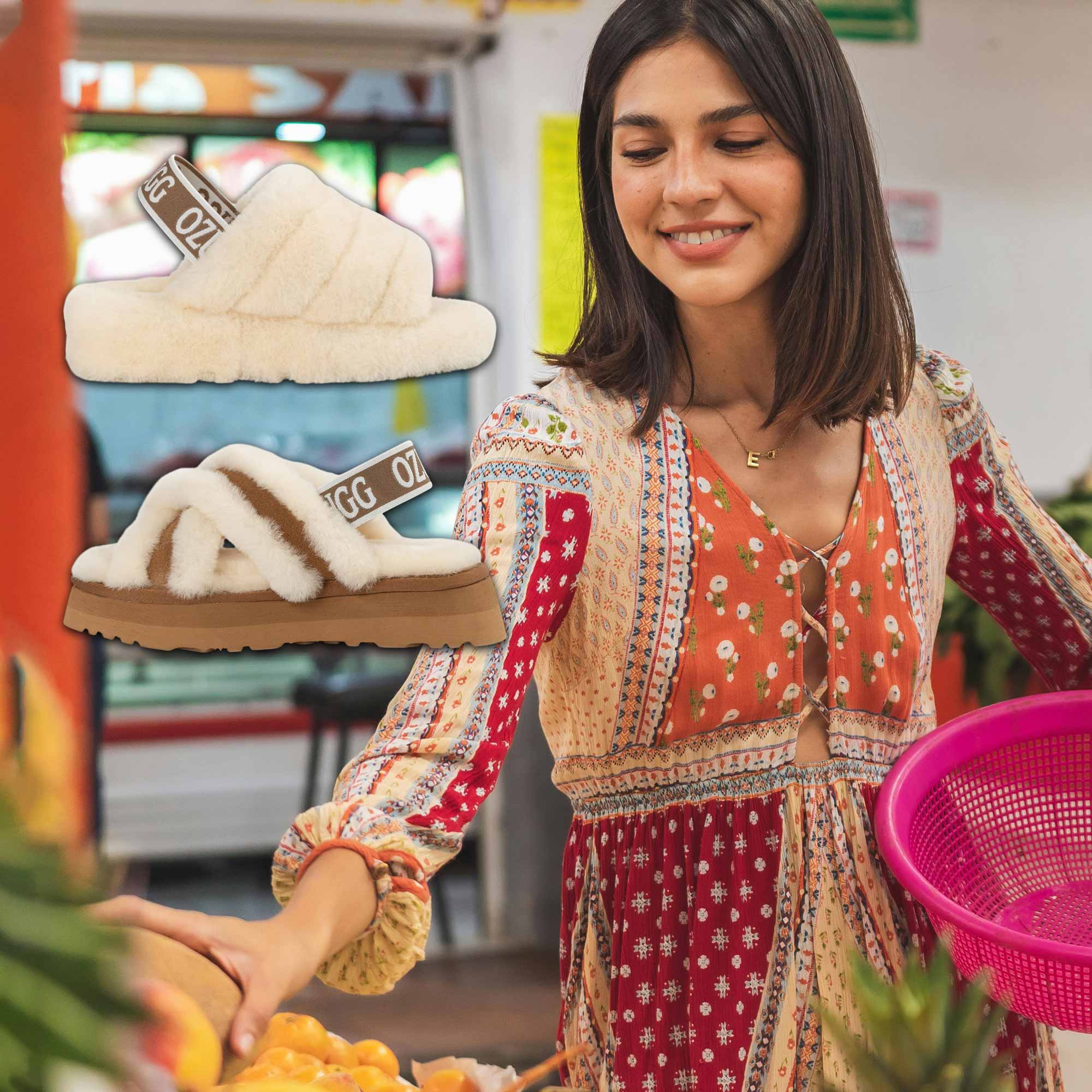 woman on her Sunday market errand with a feature of her UGG slides on the side