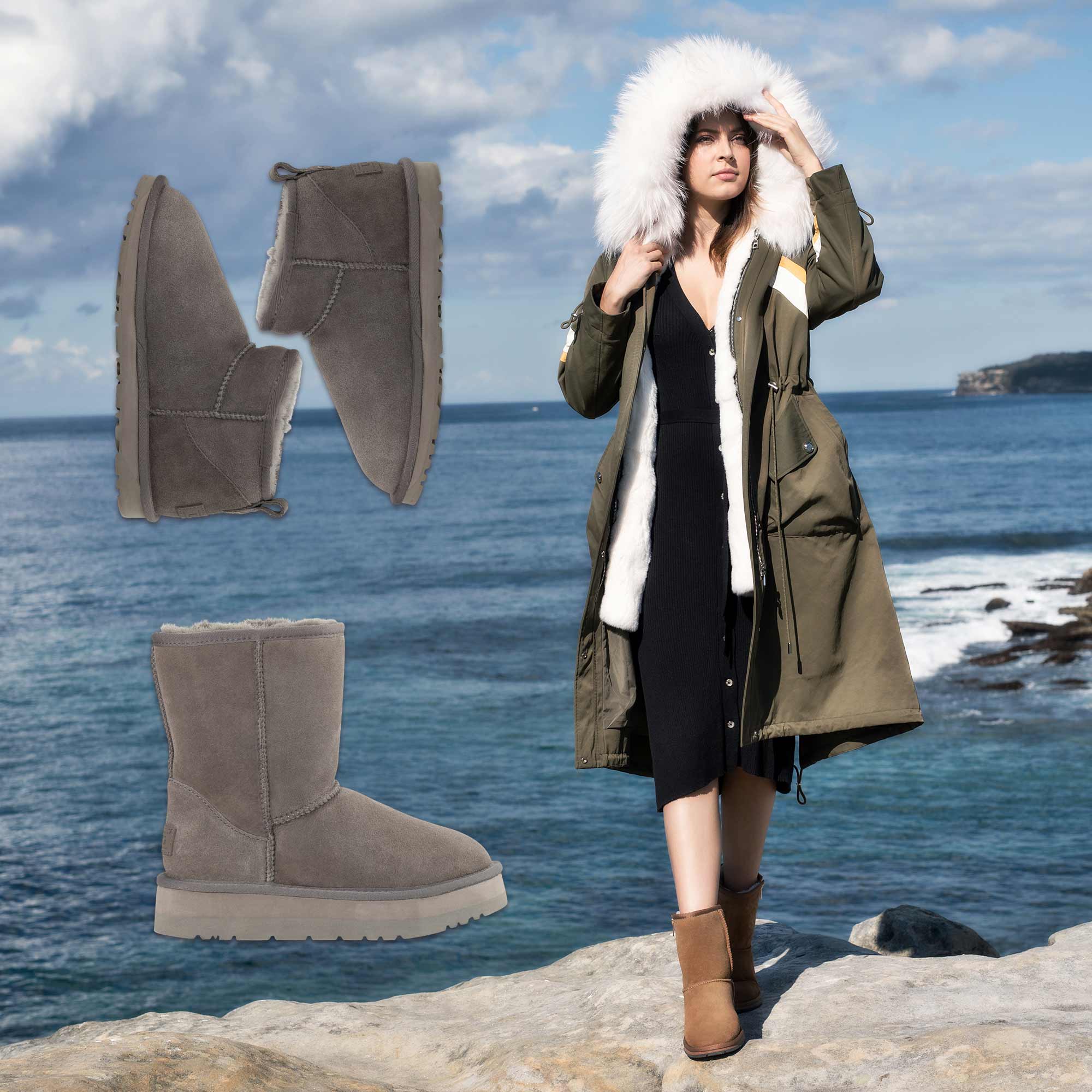 woman gearing up for the cold weather while wearing UGG apparel and UGG boots