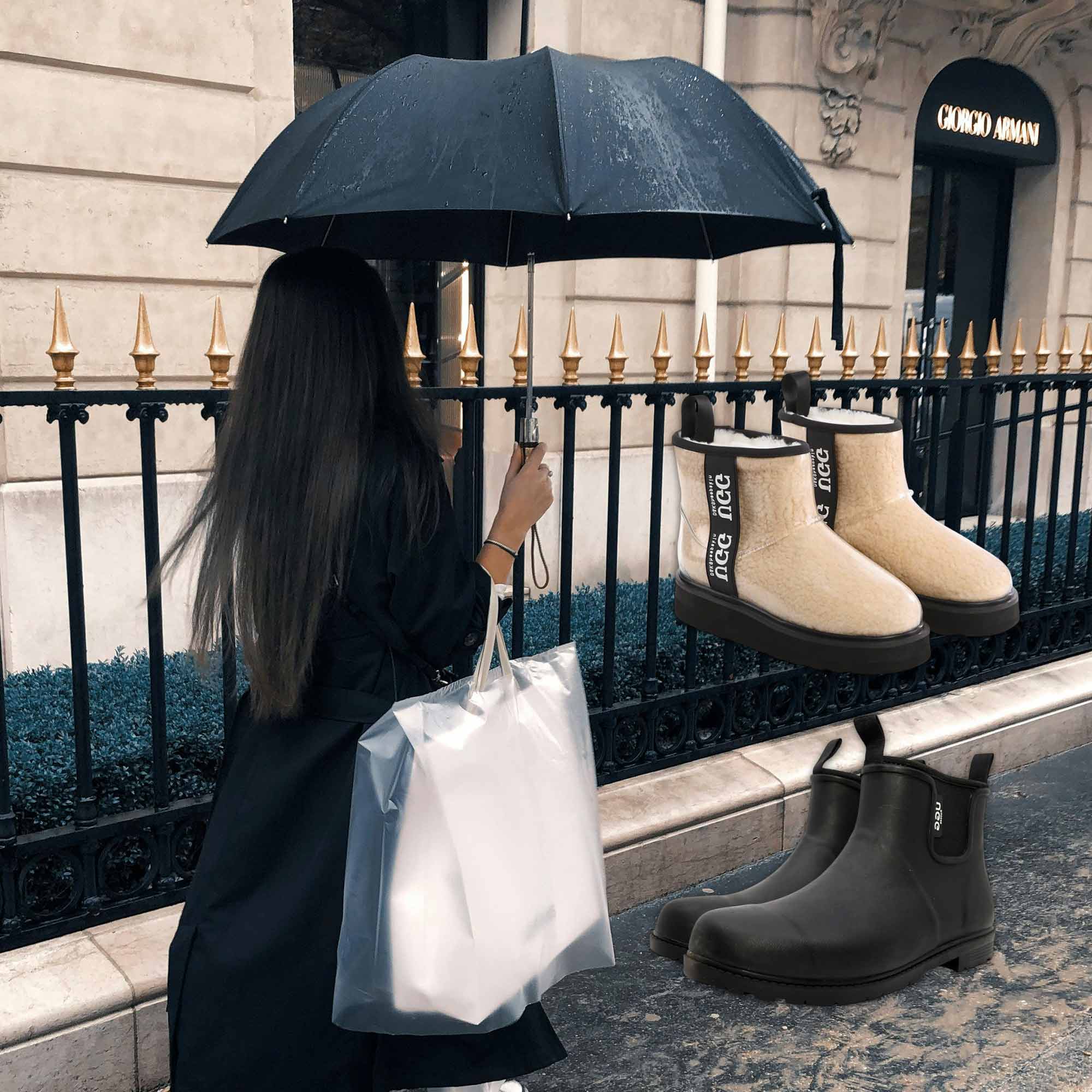 woman walking around during rainy season water resistant UGG boots