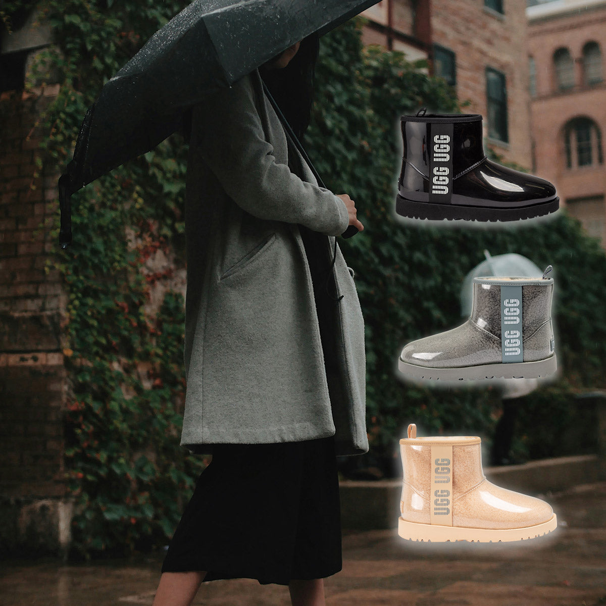 woman-walking-in-the-street-with-umbrella-and--wearing-ugg-coated-rain-boots-during-rainy-season