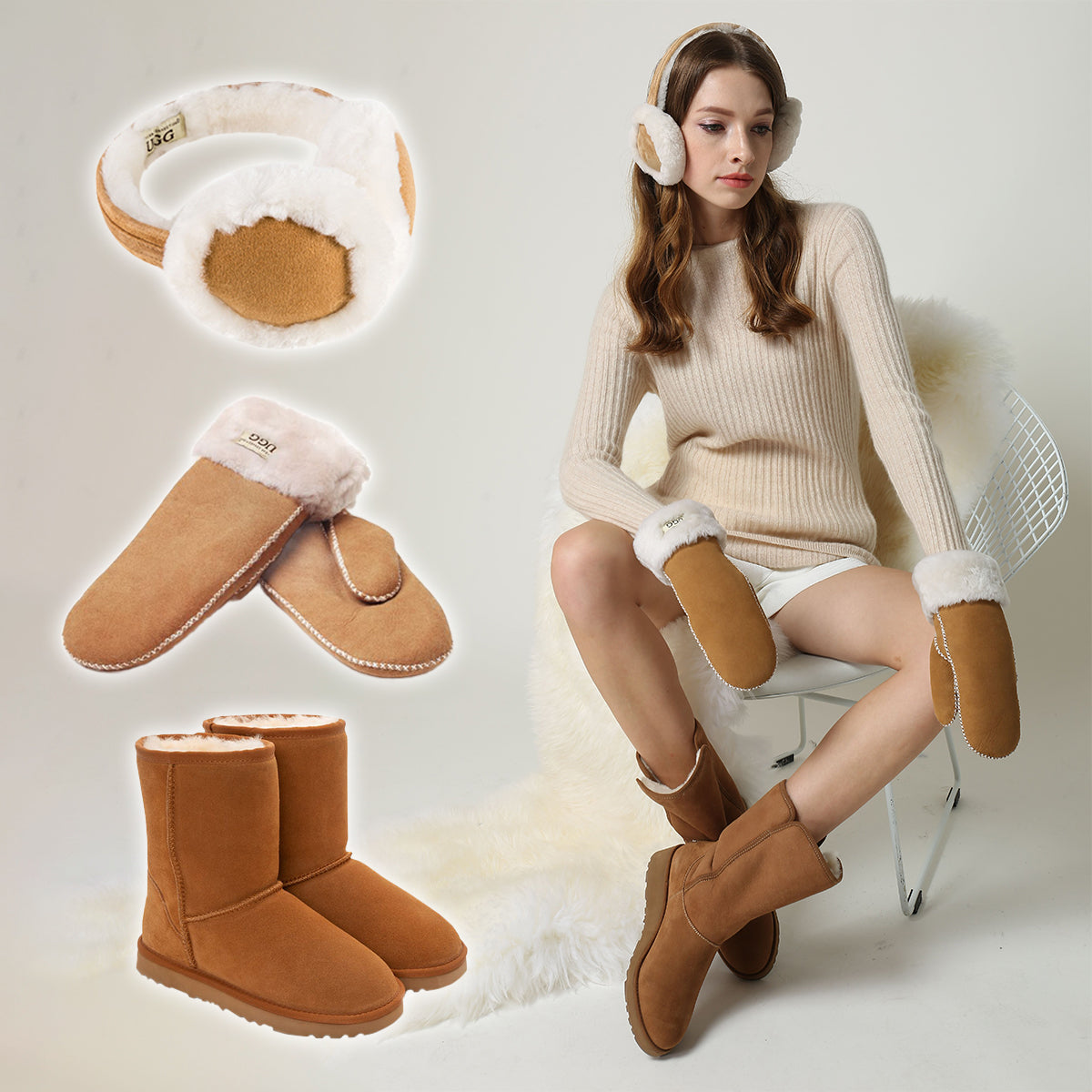 a woman wearing UGGs Australia from head to toe