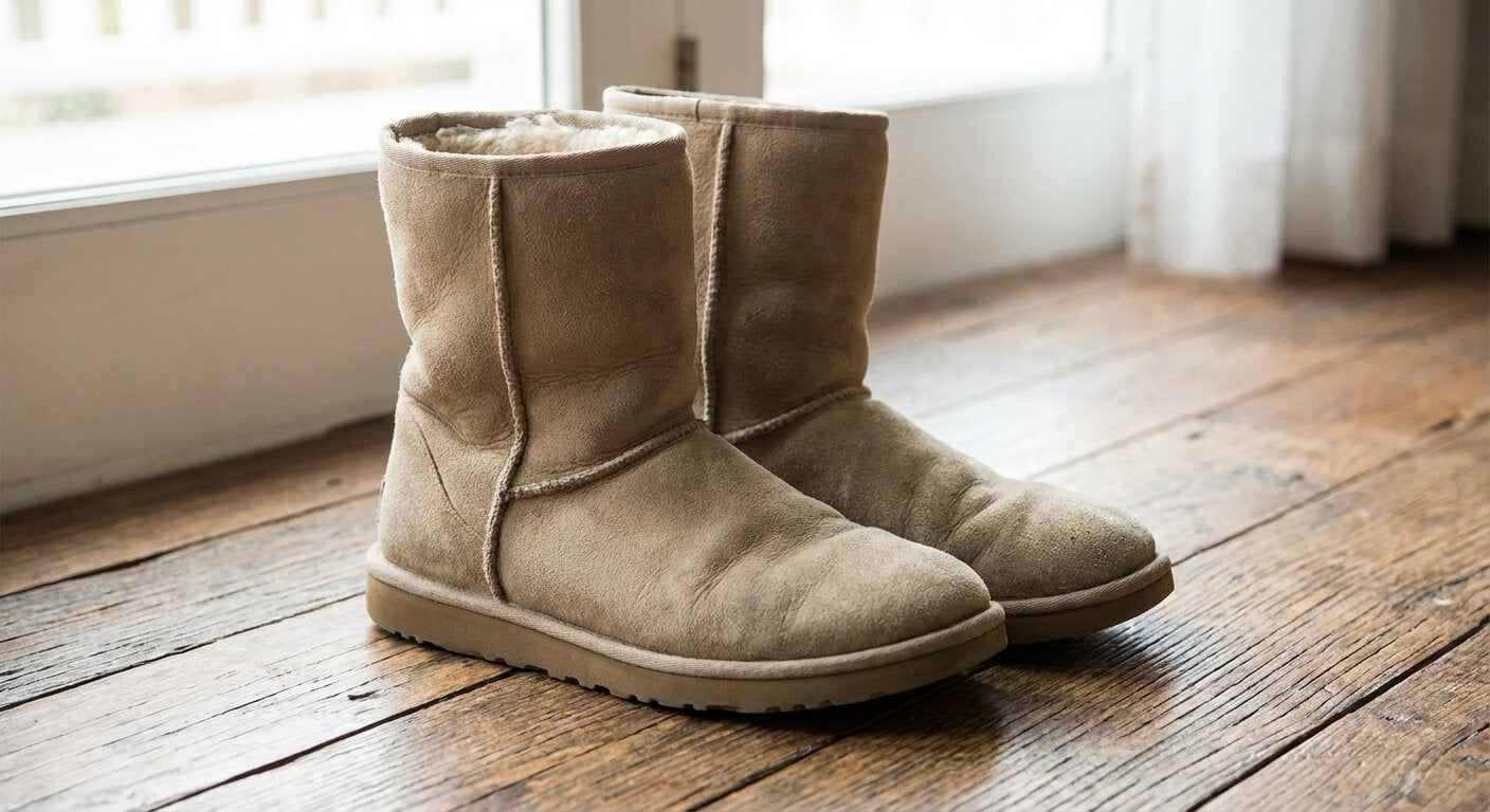 A close-up of well-worn, sand-colored UGG boots on a wooden floor, showing signs of stretching.
