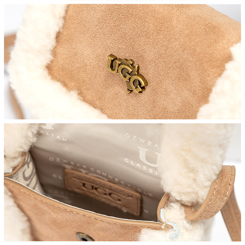 UGG gold logo clasp sheepskin bag tan suede interior detail