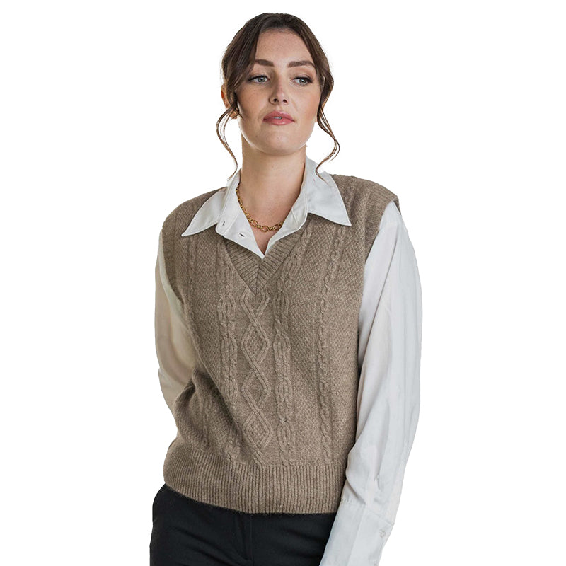 Women's mocha wool cable knit v-neck vest over white shirt